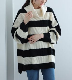 「【ＬＬ～４Ｌ】オフタートルワイドボーダーニットプルオーバー（ニット・セーター）」｜アイボリー&times;ブラック