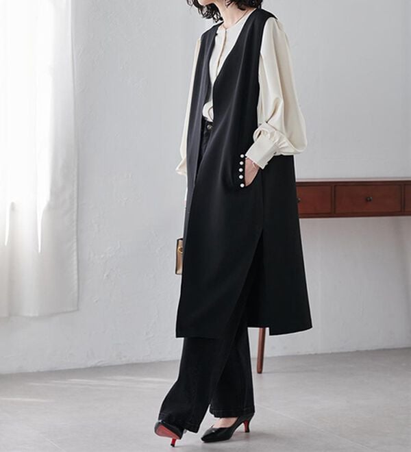 RANAN（ラナン）の「【セットアップ対応】パール調ビジュー付ロングジレ（ジレ）」｜詳細画像