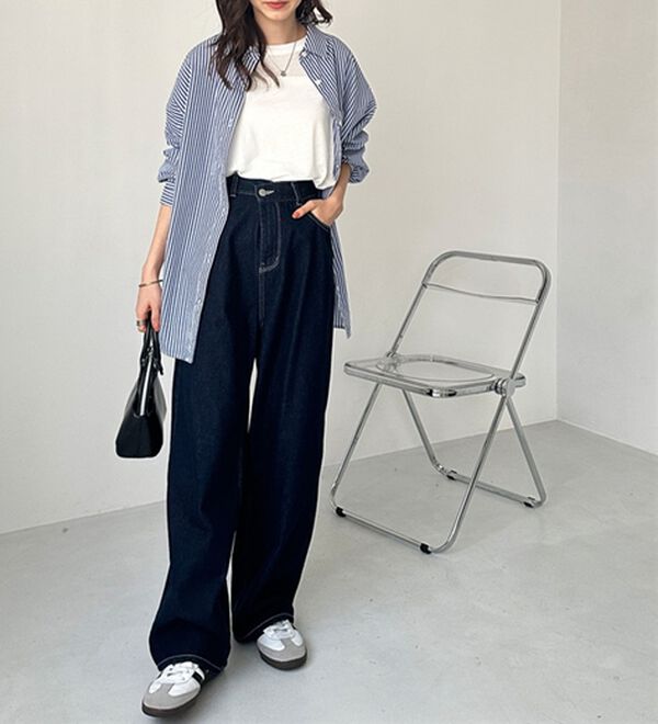 美脚見え！2ボタンウエストワイドデニムパンツ - ベルーナ【公式】