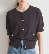 RANAN（ラナン）の「【6つの機能付】ひんやりゴールド調ボタン5分袖ニットカーデ（ニットカーディガン）」