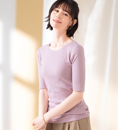 LAVIENNE（ラヴィエンヌ）の「【敏感肌さんに】綿１００％吸湿発熱あったかインナー　クルーネック５分袖（肌着・インナーウェア）」
