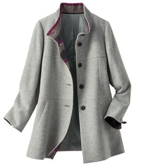 BELLUNA（ベルーナ）の「ミックス調ウール混素材チェック使い切替コート（ハーフコート）」｜杢グレー系