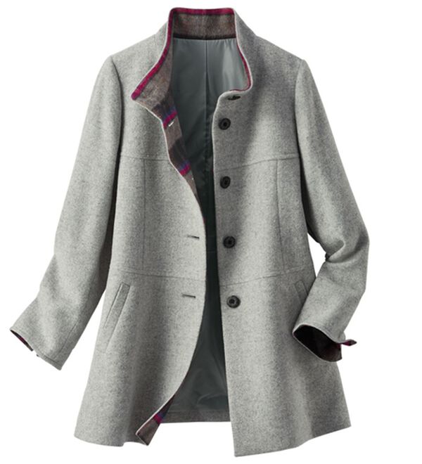 BELLUNA（ベルーナ）の「ミックス調ウール混素材チェック使い切替コート（ハーフコート）」｜杢グレー系