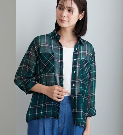 BELLUNA（ベルーナ）の「シフォン楊柳チェック柄プリントシャツ（シャツ）」