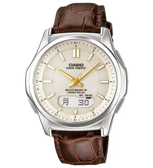 「カシオ　ソーラー電波時計（メンズ腕時計）」｜本革バンド ブラウン