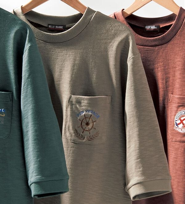 「ロゴ刺しゅう７分袖スウェットＴシャツ（メンズトレーナー）」｜ベージュ