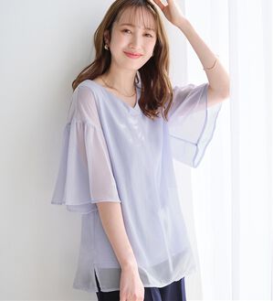 alotta（アロッタ）の「【接触冷感】インナー付フレアー袖タックブラウス（ブラウス）」｜サックス