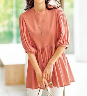 BELLUNA（ベルーナ）の「異素材使いフレアーデザインチュニック（チュニック）」｜コーラル