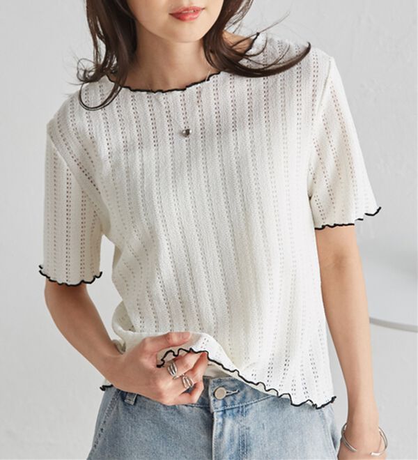 RANAN（ラナン）の「透かし柄メロー配色Ｔシャツ（カットソー）」｜詳細画像