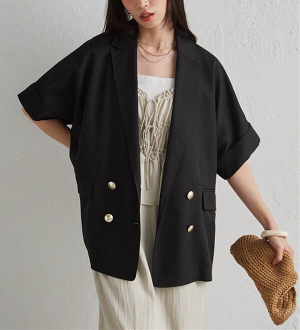 RANAN（ラナン）の「【新色追加】麻調ダブルボタンハーフスリーブジャケット（テーラードジャケット）」｜詳細画像