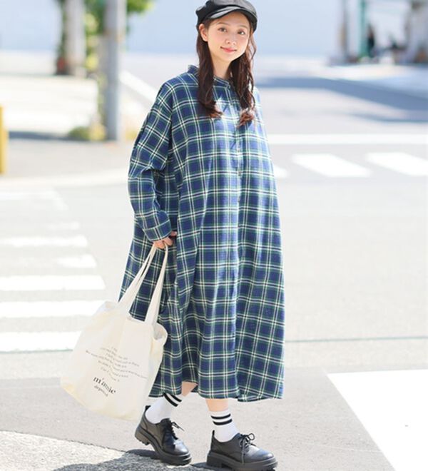 A HAPPY MARILYN（アハッピーマリリン）の「【ＬＬ～８Ｌ】フランネル チェック 細魅せ シャツワンピース（シャツワンピース）」｜グリーンネイビー