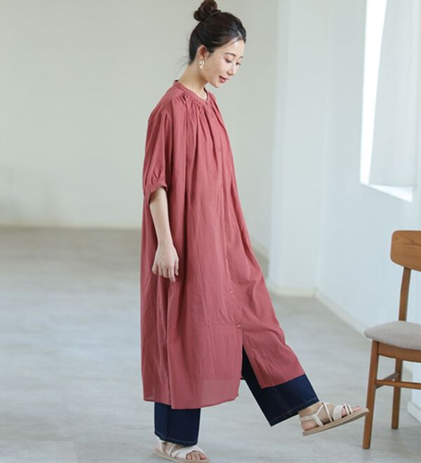 A HAPPY MARILYN（アハッピーマリリン）の「【Ｌ～６Ｌ】【風通るプレミアム】綿１００％ 楊柳 五分袖 ギャザーたっぷりワンピース（カットソーワンピース）」｜詳細画像