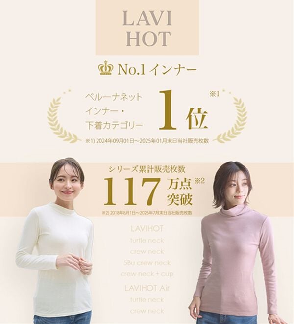 LAVIENNE（ラヴィエンヌ）の「【医師オススメ】綿１００％吸湿発熱あったかインナー　クルーネックインナー長袖＜LAVIHOTシリーズ＞（肌着・インナーウェア）」｜詳細画像