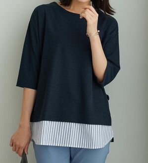 BELLUNA（ベルーナ）の「ラメストライプシャツフェイクチュニック（チュニック）」｜ネイビー系