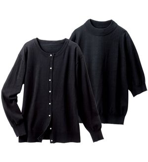 VINNO（ヴィノ）の「パール調釦付ニットアンサンブル（アンサンブル）」｜ブラック