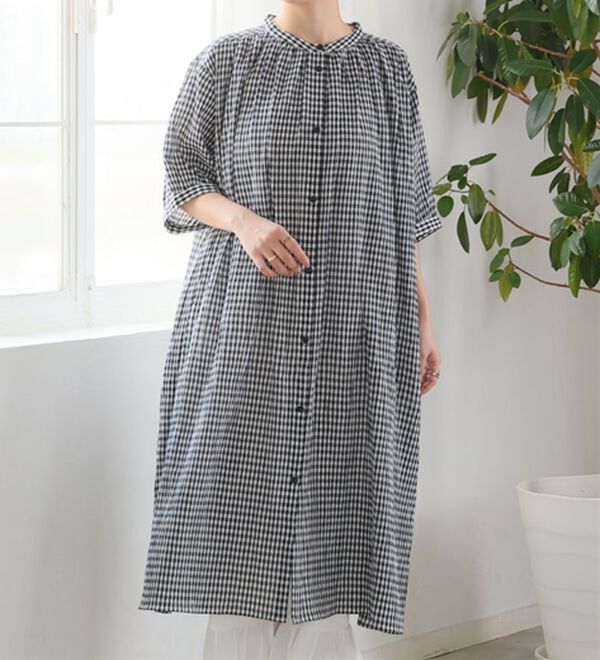 A HAPPY MARILYN（アハッピーマリリン）の「【Ｌ～６Ｌ】【風通るプレミアム】綿・楊柳、五分袖ギャザーたっぷりワンピース。（ロングワンピース）」｜ギンガム