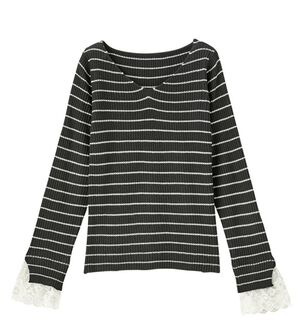 GeeRA（ジーラ）の「レース付Ｖネックリブニットトップス（ニット・セーター）」｜黒系ボーダー