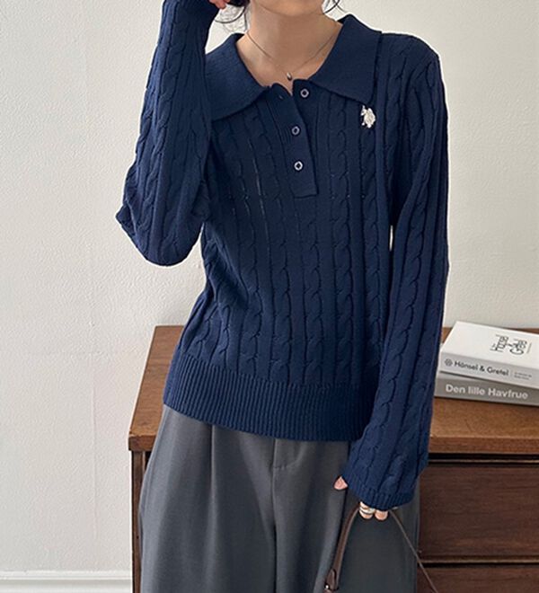 RANAN（ラナン）の「＜U.S.POLO ASSN.＞刺繍長袖ケーブルポロニット（ニット・セーター）」｜詳細画像