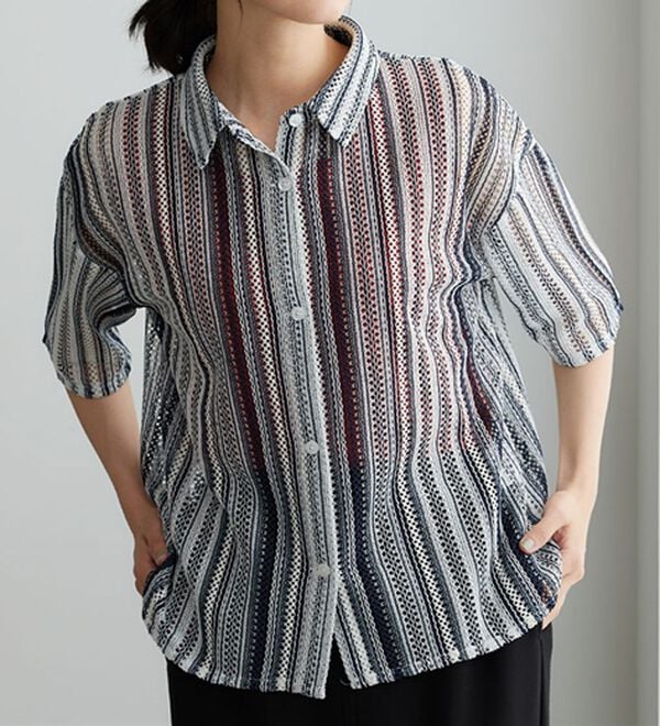 BELLUNA（ベルーナ）の「ラッセル素材マルチストライプシャツ（シャツ）」｜詳細画像