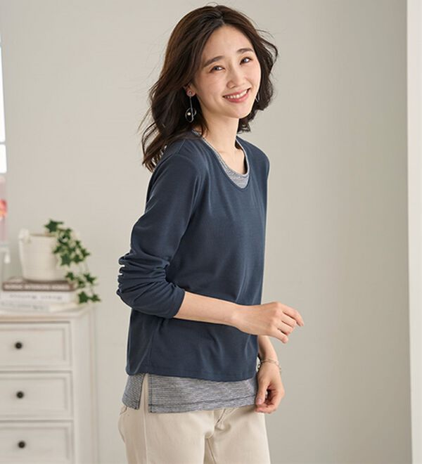 BELLUNA（ベルーナ）の「ボーダーレイヤード風デザインプルオーバー（カットソー）」｜詳細画像