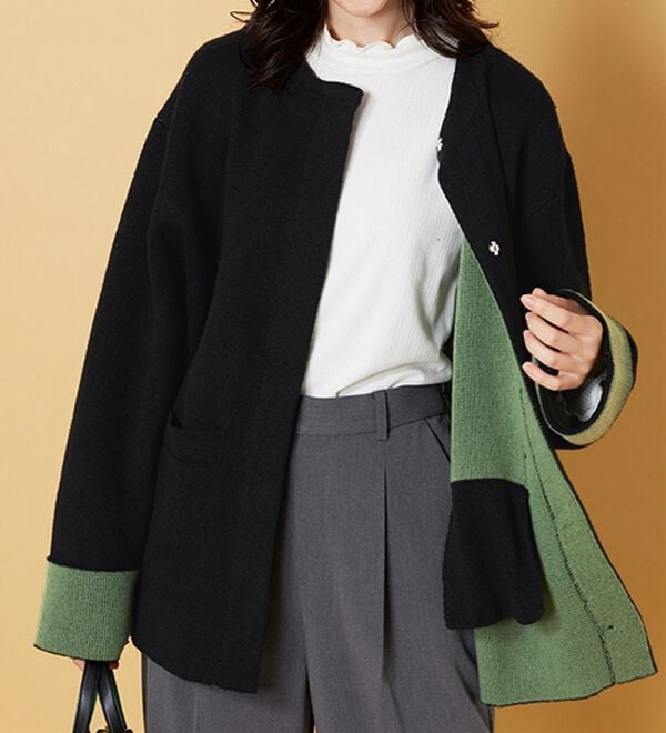 BELLUNA（ベルーナ）の「配色デザインふんわりニットジャケット（ハーフコート）」｜詳細画像