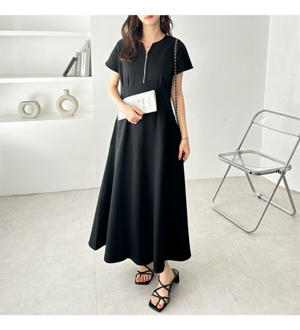 前後2WAYハーフジップフレンチ袖ワンピース - ベルーナ【公式】