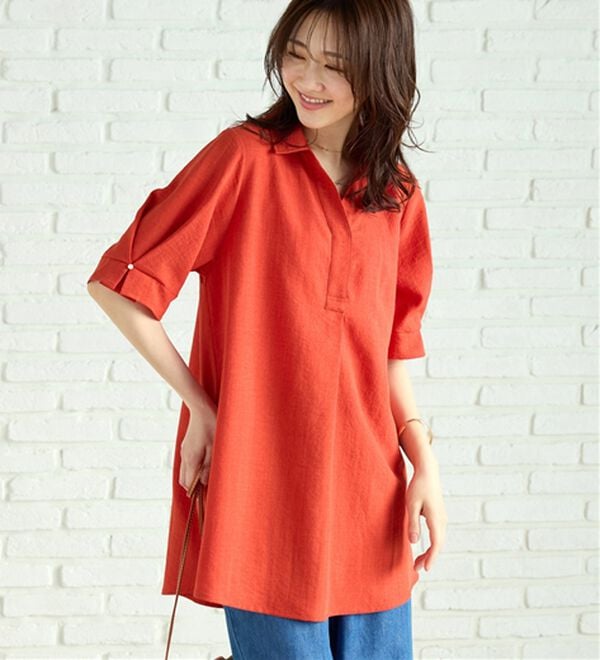 BELLUNA（ベルーナ）の「【接触冷感】麻調素材袖パール付シャツチュニック（チュニック）」｜詳細画像