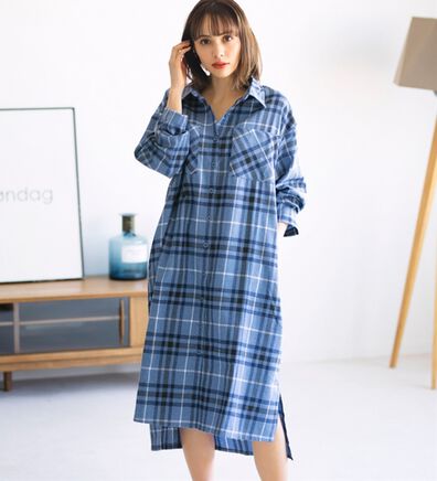 YU'NOW（ユナウ）の「ビエラチェックシャツワンピース（パジャマ・ルームウェア）」