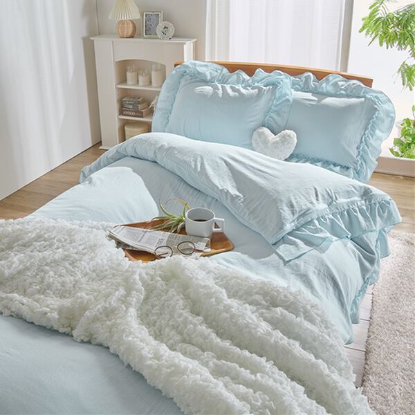 iellio（イエリオ）の「大人かわいいダブルフリル付布団カバーリング＜掛け布団カバー・ボックスシーツ・枕カバー・ずれにくい・オールシーズン・淡色＞（敷布団カバー・シーツ）」｜詳細画像