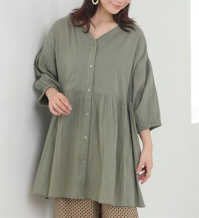 A HAPPY MARILYN（アハッピーマリリン）の「【Ｌ～６Ｌ】【風通るプレミアム】綿・楊柳、七分袖ウエストギャザーブラウス。（ブラウス）」