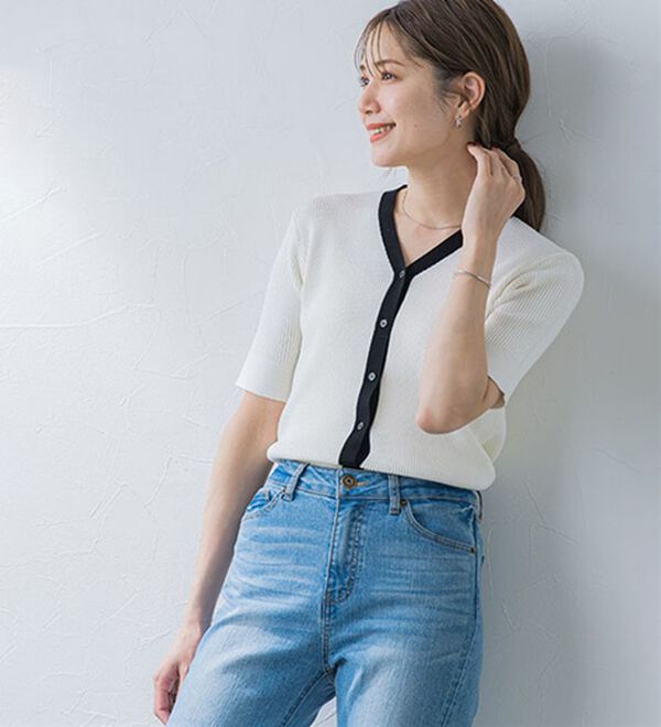 Pierrot（ピエロ）の「配色リブニットカーディガン（ニットカーディガン）」｜詳細画像