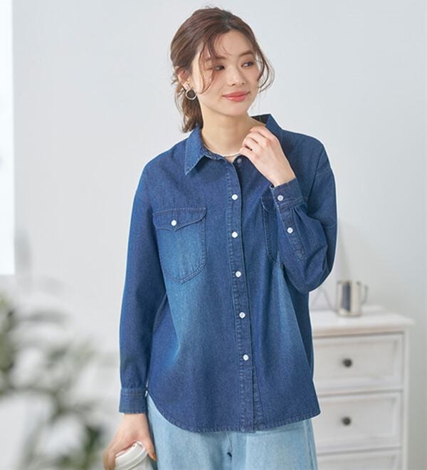 BELLUNA（ベルーナ）の「綿１００％ブラスト加工デニムシャツ（シャツ）」｜詳細画像