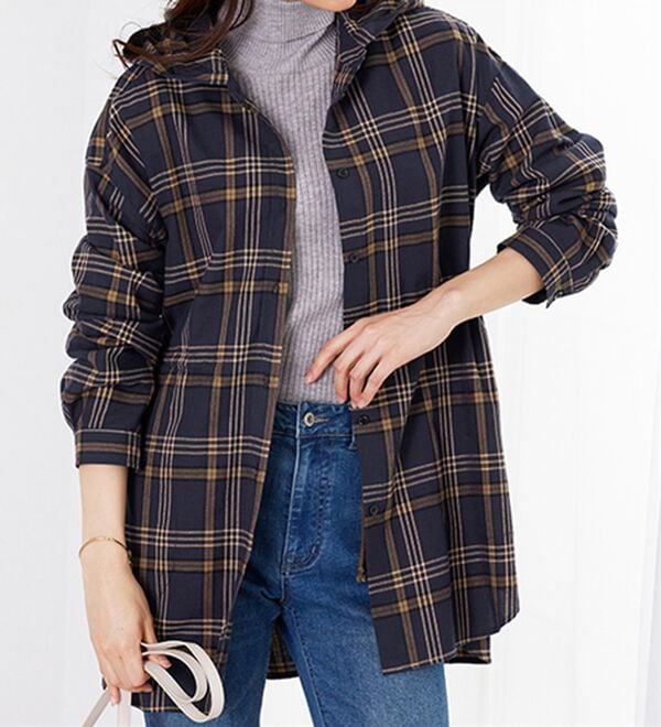 BELLUNA（ベルーナ）の「フード付チェック柄チュニックパーカー（パーカー）」｜詳細画像