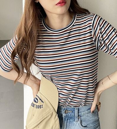 GeeRA（ジーラ）の「マルチボーダー５分袖リブカットソー（カットソー）」