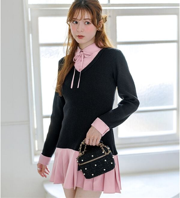 alotta（アロッタ）の「【Corie】シャツドッキングプリーツワンピース（ドッキングワンピース）」｜詳細画像
