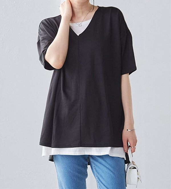 RANAN（ラナン）の「レイヤード風ニットソー半袖チュニック（チュニック）」｜詳細画像