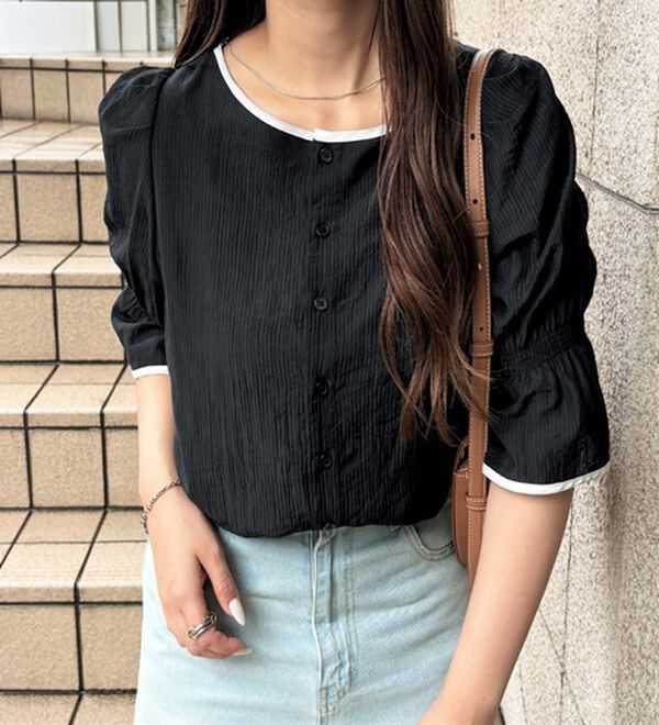 GeeRA（ジーラ）の「前後２ＷＡＹ配色パイピング５分袖ブラウス（ブラウス）」｜詳細画像