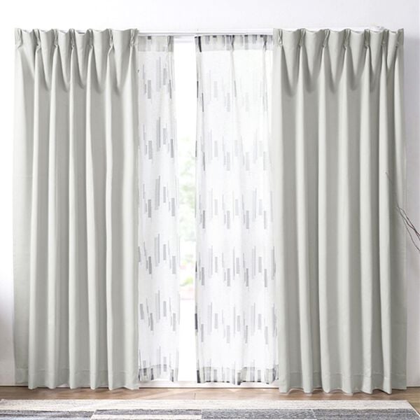 iellio（イエリオ）の「お買得カーテンセット（柄レース）＜４枚組・洗える・３級遮光・新生活・一人暮らし・引っ越し・模様替え・リーフ柄・ミモザ柄＞（ドレープカーテン）」｜アイスグレー(幾何学柄レース)