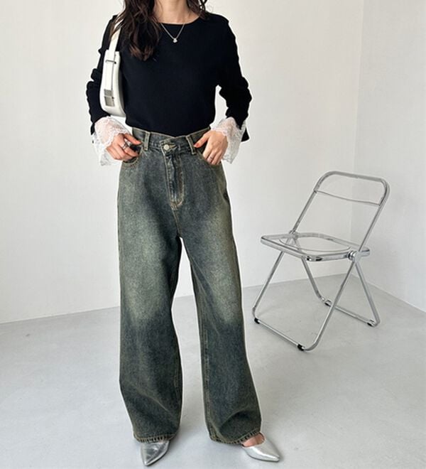 GeeRA（ジーラ）の「美脚見え！２ボタンウエストワイドデニムパンツ（フルレングスパンツ）」｜詳細画像