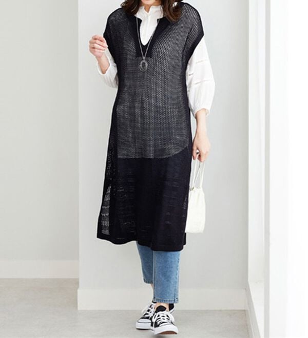 BELLUNA（ベルーナ）の「麻調ニット素材透かし編ロングベスト（ベスト）」｜詳細画像