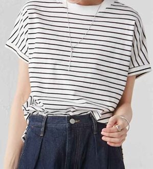 RANAN（ラナン）の「【選べる袖丈】＜BC＞綿100％プチハイネックＴシャツ（カットソー）」｜白系ボーダー（半袖）
