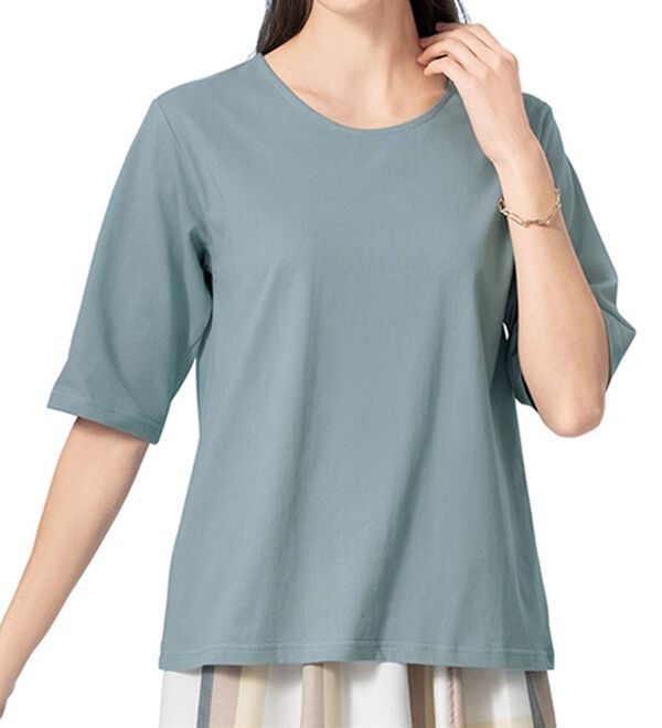 LAVIENNE（ラヴィエンヌ）の「綿１００％汗ジミ対策　ビッグ袖Ｔシャツ（Tシャツ）」｜セージ