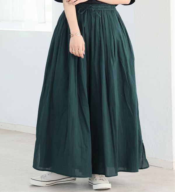 A HAPPY MARILYN（アハッピーマリリン）の「【Ｌ～６Ｌ】【２丈展開】【風通るプレミアム】綿・楊柳、ギャザーフレアスカンツ。（ワイドパンツ・ガウチョ）」｜フォレストグリーン