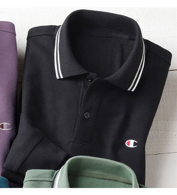 「＜チャンピオン＞鹿の子デザインポロシャツ（メンズポロシャツ）」｜ブラック