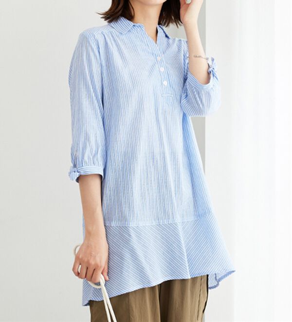 BELLUNA（ベルーナ）の「綿１００％ストライプ袖リボンチュニック（チュニック）」｜サックス系