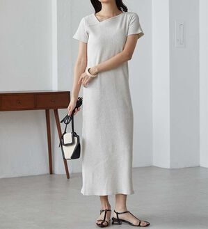 RANAN（ラナン）の「アシメネックハーフスリーブリブワンピース（その他ワンピース）」｜オートミール