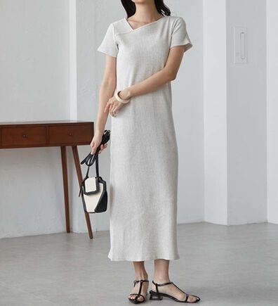 RANAN（ラナン）の「アシメネックハーフスリーブリブワンピース（その他ワンピース）」