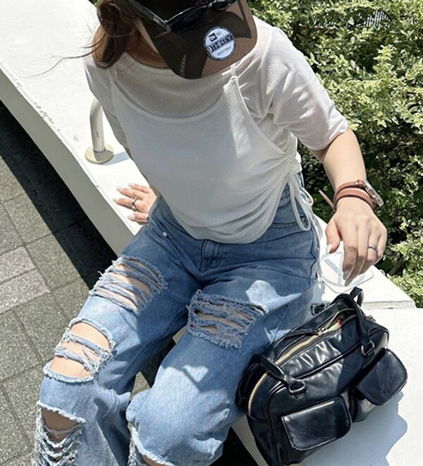 GeeRA（ジーラ）の「オリジナルパットダメージワイドデニム（ワイドパンツ・ガウチョ）」｜詳細画像