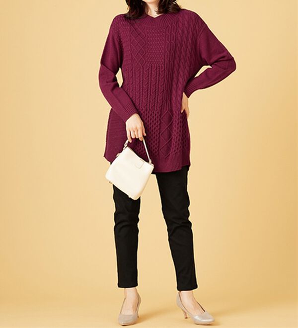 BELLUNA（ベルーナ）の「パッチワーク調ケーブルニットチュニック（チュニック）」｜詳細画像