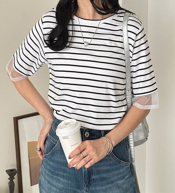 GeeRA（ジーラ）の「綿１００％袖シアー切替シルケットＴシャツ（Tシャツ）」｜詳細画像